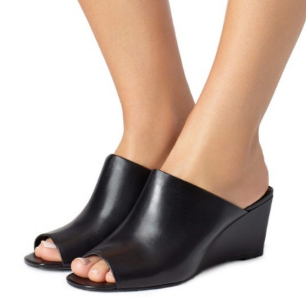 FSJ Black Peep Toe Heels Wedge Mules Summer Sandal